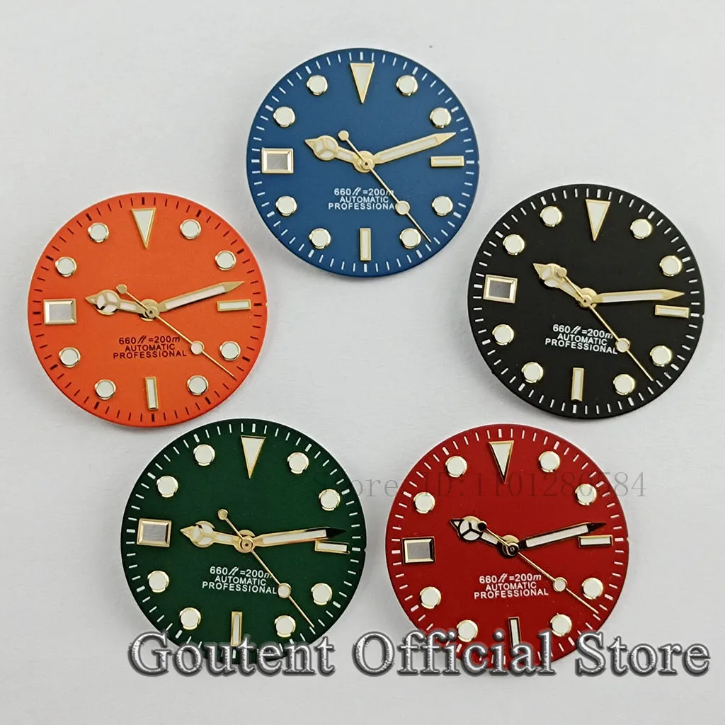 Goutent 29mm Black Blue Green Red Orange Watch Dial With Hands 9 O\'clock Date Green Luminous Fit NH35 Movement