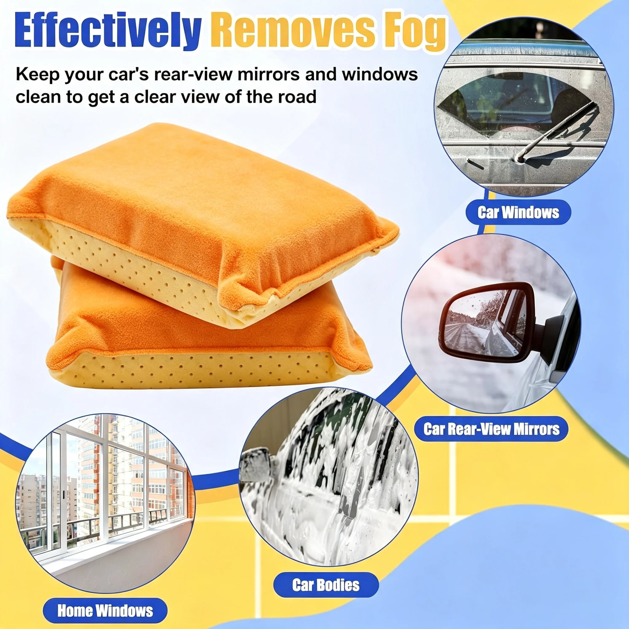 `Orange Velvet Anti‑Fog Sponge, Double‑Sided Absorbent Pad for Car Windshield, Rearview Mirror and Home Glass Cleaning`