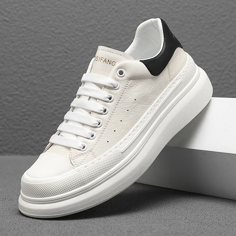 

Новые мужские повседневные кроссовки из натуральной кожи на толстой подошве, белые, в стиле скейт-обуви, уличные, крутые, массивные кеды