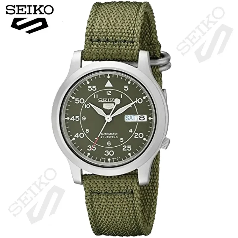 SEIKO 정품 자동 스테인레스 스틸 시계, 녹색 캔버스 쿼츠 시계, 패션 캐주얼 시계 5, SNK805 