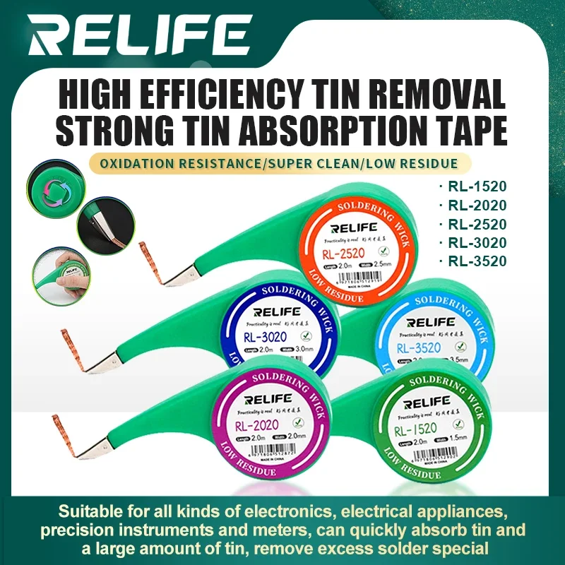 

RELIFE Anti-scalding Nozzle Soldering Wick Wires Desoldering Precision Tin Strip Remover Wire for PCB Tin Wire 1.5-3.5mm Width