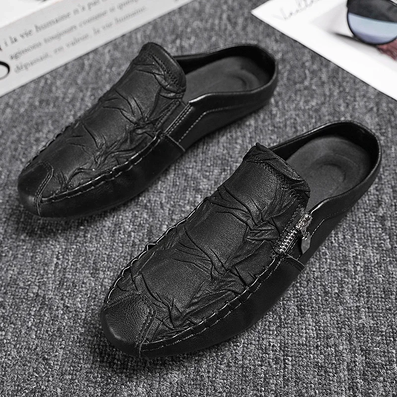 Summer Half Slippers Men Casual Shoes Comfortable Soft Leather Loafers Men's Lazy Shoes Flat Slip-on Shoes For Man Daily Shoes