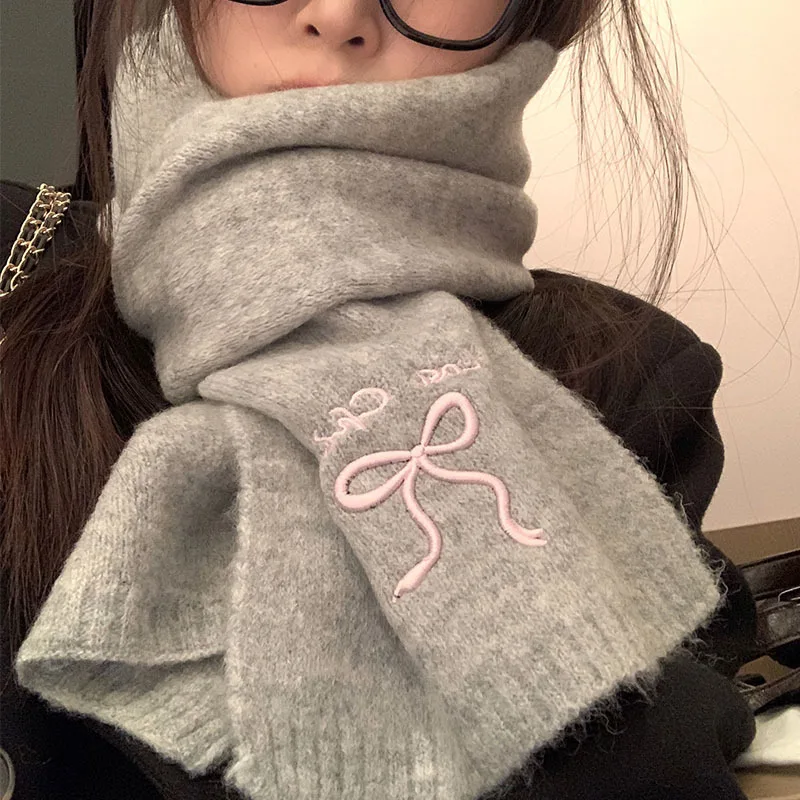 

Women's Winter Scarf New Japanese Style Cute Bow Scarf Featuring Cold Proof Warm Neck Protecting Kawaii Knitted Scarf Embroidery