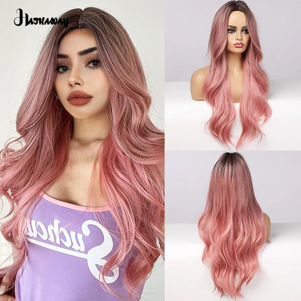 HA Synthetic Wigs About 28 Inches Wavy Gradient Pink Women's Wigs Black Gradient Powder Fluffy Natural Shopping Party Daily Wear