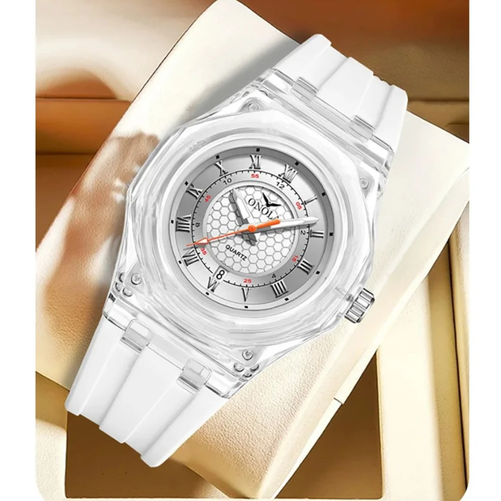 ONOLA 3857 Fashion Couple Watch Mens and Womens Sports Waterproof Transparent Plastic Silicone Calendar Luminous Quartz Watch