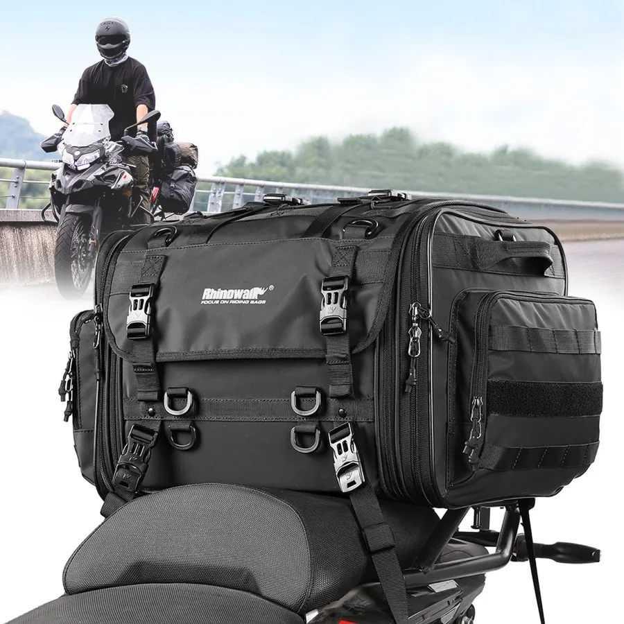 

Expandable 60L Waterproof Motorcycle Tail Bag for All Weather Travel Fits Trunk and Rack with Sissy Bar Straps Durable Black Mo