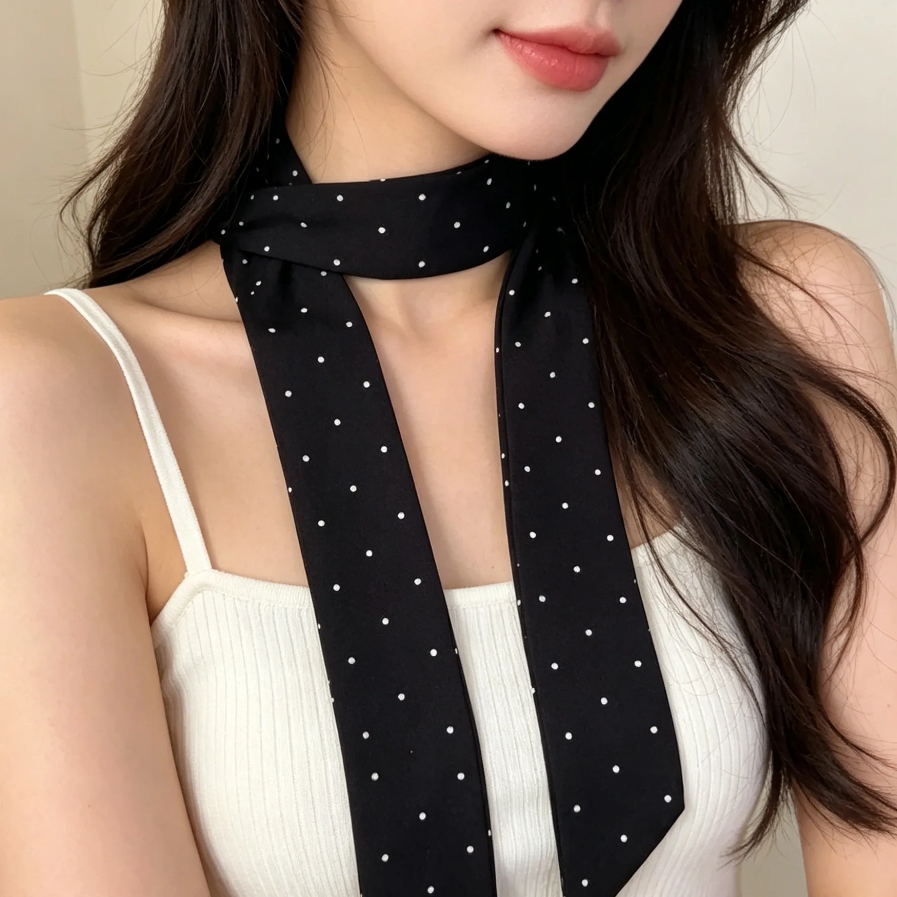 Satin Scarf Polka Dot Extra Long for Women Neck Wrap Bag Strap Belt Elegant Versatile Lightweight Soft Premium Quality