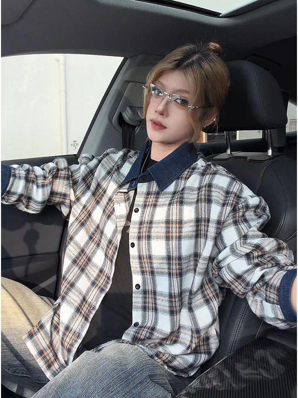 

Retro American Plaid Long Sve Men's irt Casual Spring Season Trendy Brand Patchwork Denim Collar Color Blo Casual Coat