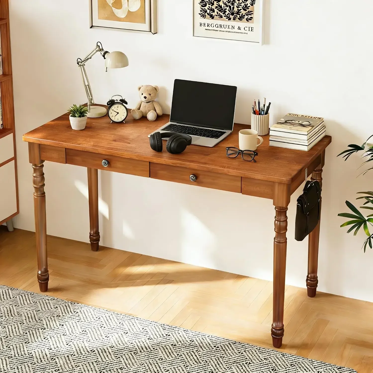 100% Solid Wooden Desk with Drawers - 47.2” Mid Century Modern Desk with 2 Hooks, Vintage Writing Desk with Drawers, Simple Work