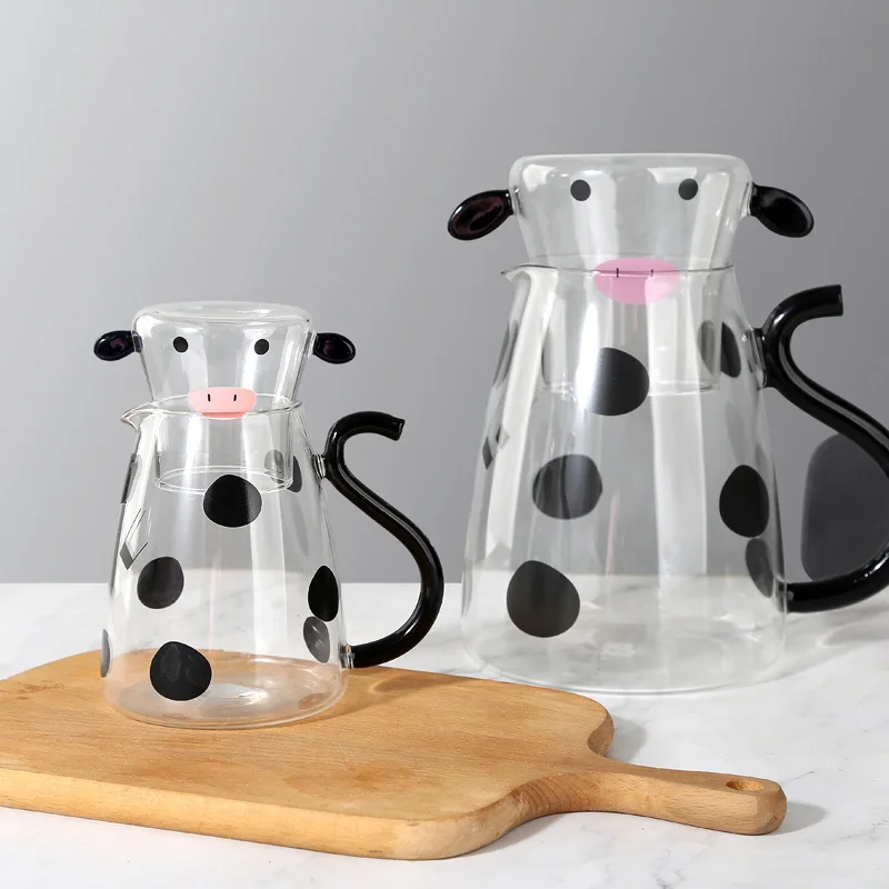 YWDL Glass Water Carafe Set With Cup Lovely Cartoon Cow Cold Kettle Flowering Teapot Canister Milk Iced Beverage Bottle Jug