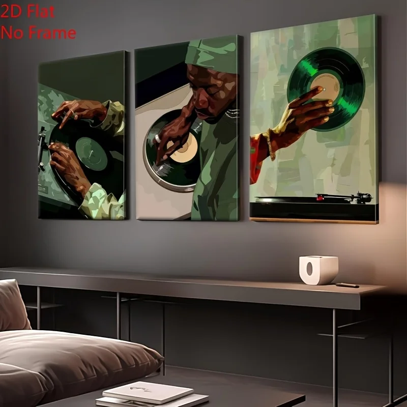 （Noframe 3PCS）-2D Flat, 2D/FLAT 3pcs Set African American DJ Canvas Wall Art, Black Male Painting Poster - Hip-Hop Music Them