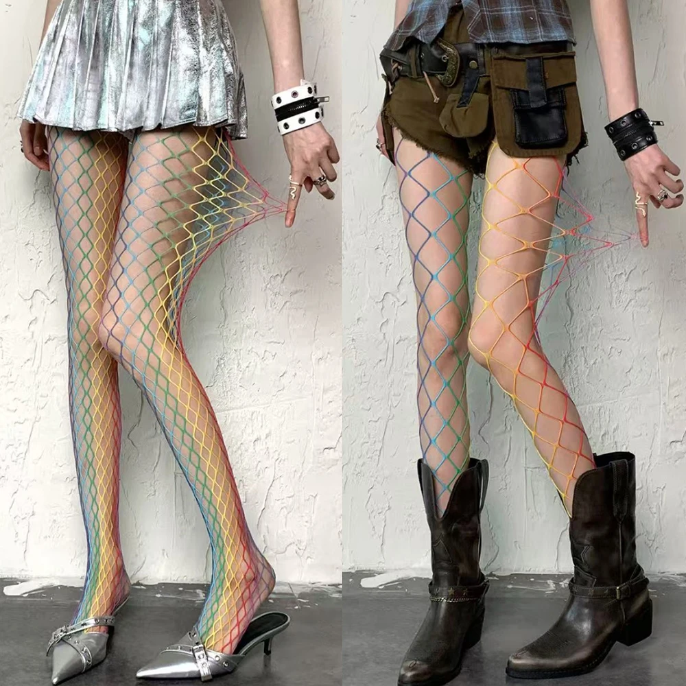 Y2K Subculture Rainbow Hole Girls Mesh Tights Hollowed Colorful Women Fishnet Stockings Thin JK Goth Street Club Stockings