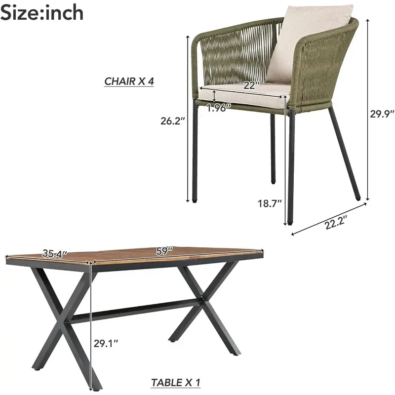 Set di mobili da esterno per tutte le stagioni con tavolo in legno di Acacia e struttura in metallo, per giardino, cortile, balcone, verde