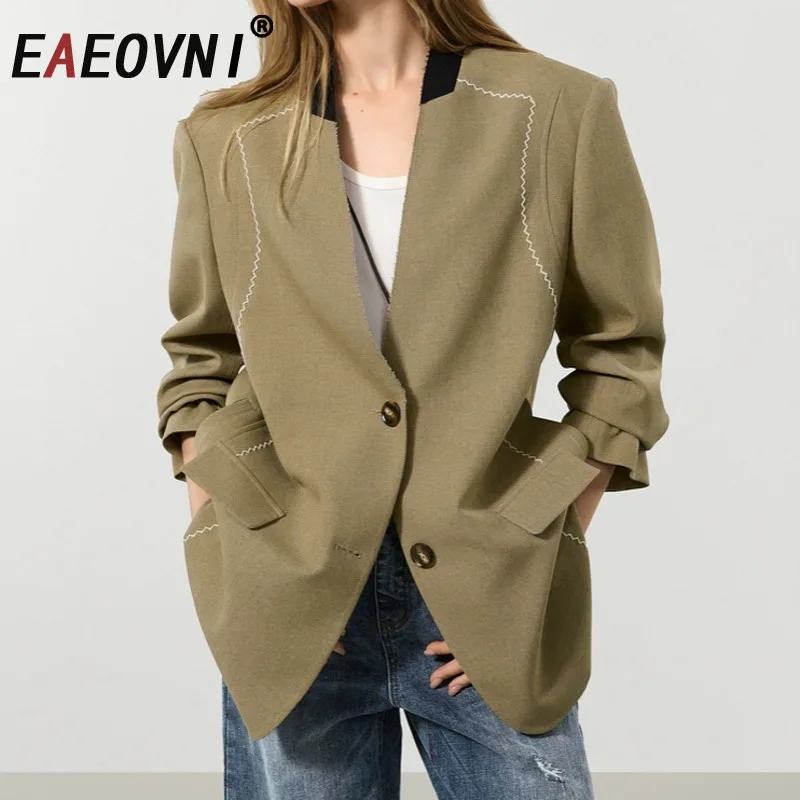 

EAEOVNI Khaki Patchwork Design Blazer Coat Women Fashion V Neck Button Long Sleeve Jacket Office Lady 2025 Autumn New Clothing
