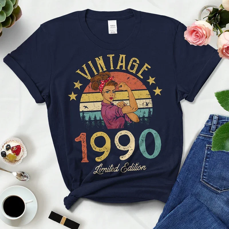 Vintage Retro 1990 Summer Fashion Outfits Women T Shirts 34rd 34 Years Old Birthday Party Ladies Clothes Tshirt Causal Clothes