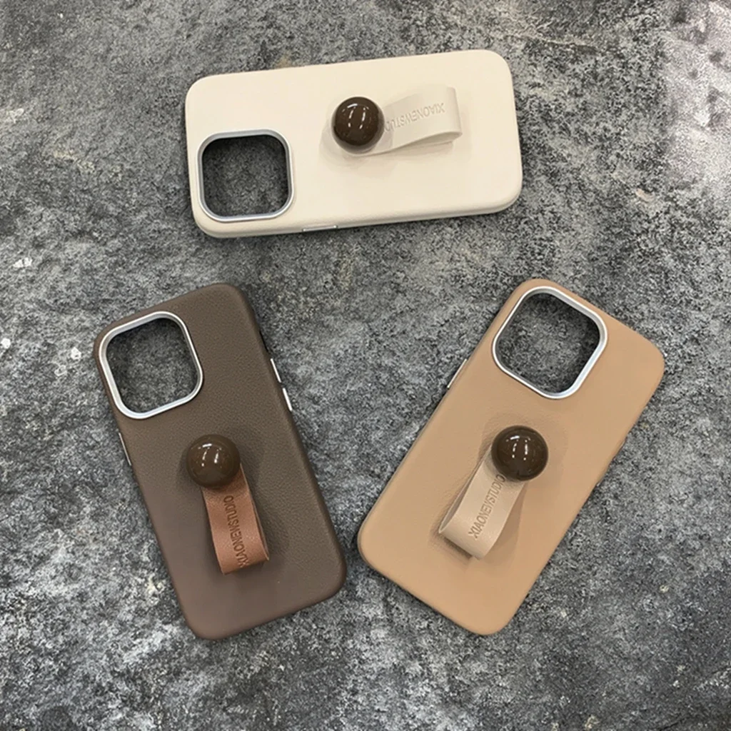 Retro Solid Color Stereoscopic Brown Bead Ring Buckle With Holder Phone Cover Case For iPhone 16 15 14 13 Pro Max