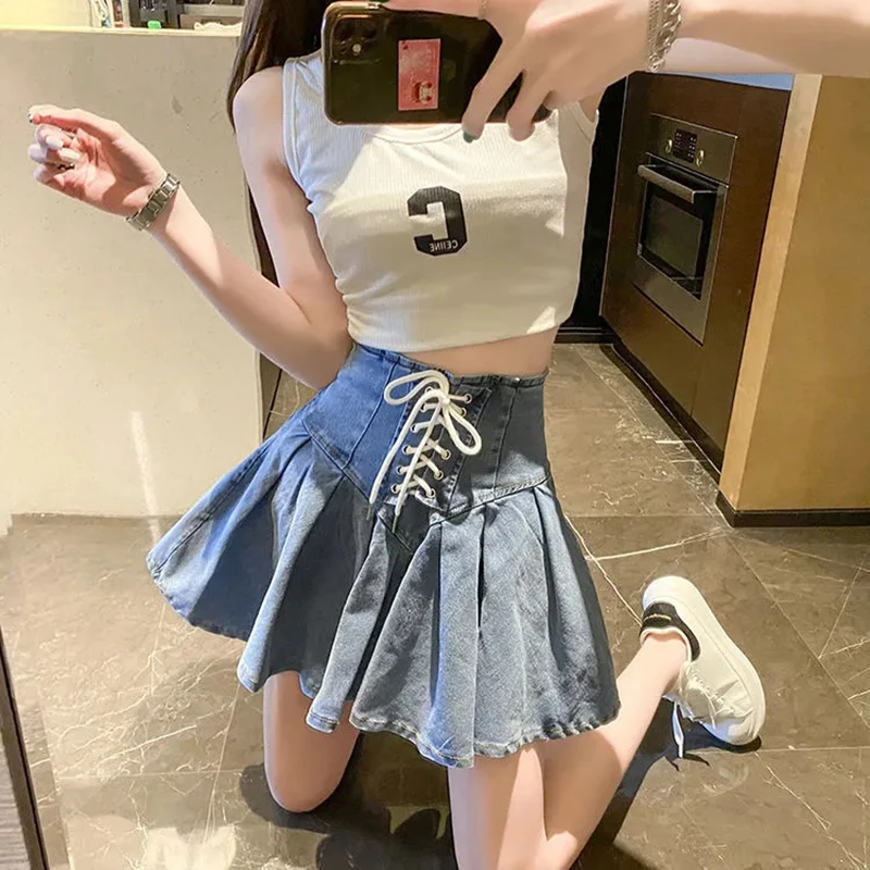 Y2K Korean Sweet Folds Women Denim Skirt Fashion New Bandage Female Mini Skirt Patchwork All Match Ladies Solid Skirt