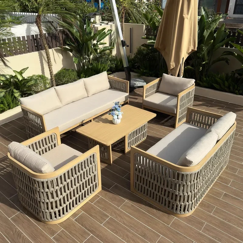 Modern Woven Rattan Sofa Set 3-Piece Outdoor Patio Garden Furniture with Teak Coffee Table