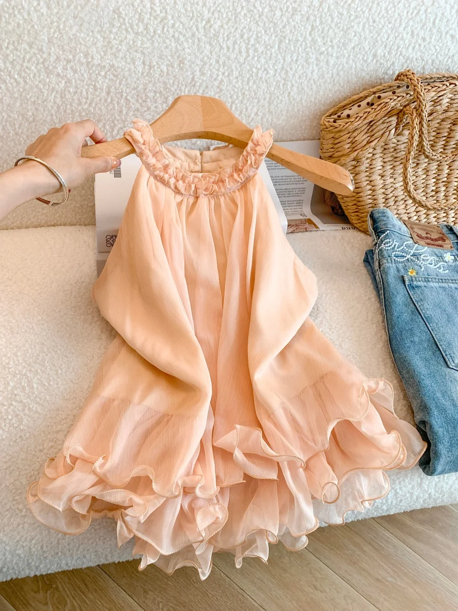 

Sweet Style off Shoulder Chiffon Top Women's Summer Outerwear Breathable Sleeveless Vest Lace Trim Hanging Neck Design