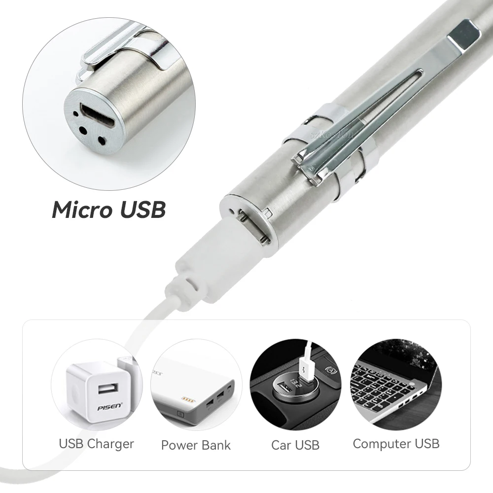 Mini Portable Medical Handy LED Pen Light Flashlight USB Rechargeable Energy-saving Hiking Torch with Stainless Steel Clip