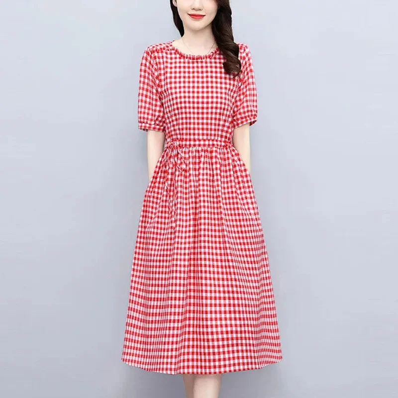 

Fashion Loose Spliced Ruffles Bandage Bow Shirring Plaid Midi Dress Clothing 2024 Summer New Oversized Casual Dresses H163