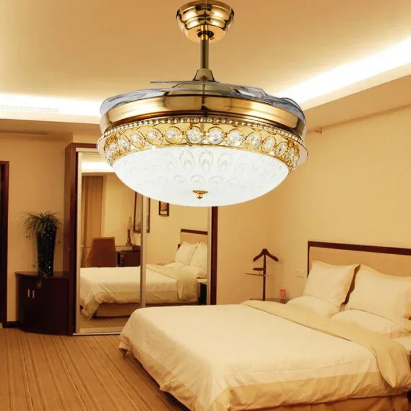 Luxury Crystal Ceiling Fan Light Invisible For Restaurant Remote Control Fan Light 42 Inch Gold Color	with retractable blades