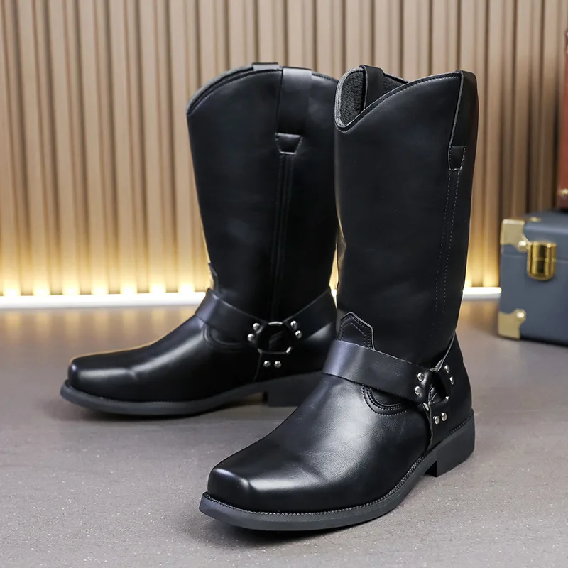 men fashion stage nightclub high boots black brown square toe shoes cowboy original leather boot handsome long motorcycle botas