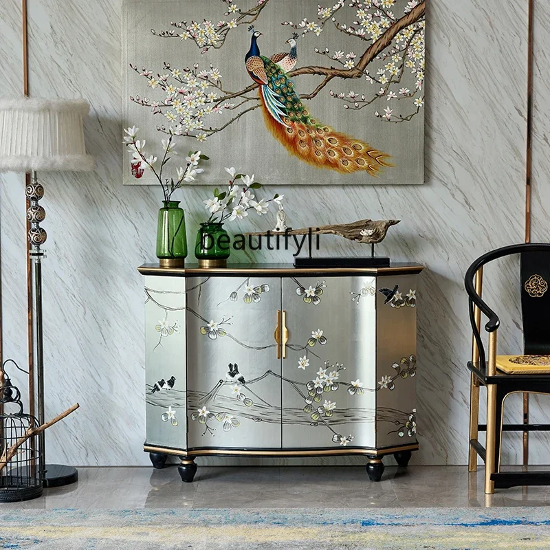 cqy New Chinese Style Corridor Entrance Hallway Entryway Decorative Cabinet with Painted Silver Foil Sideboard