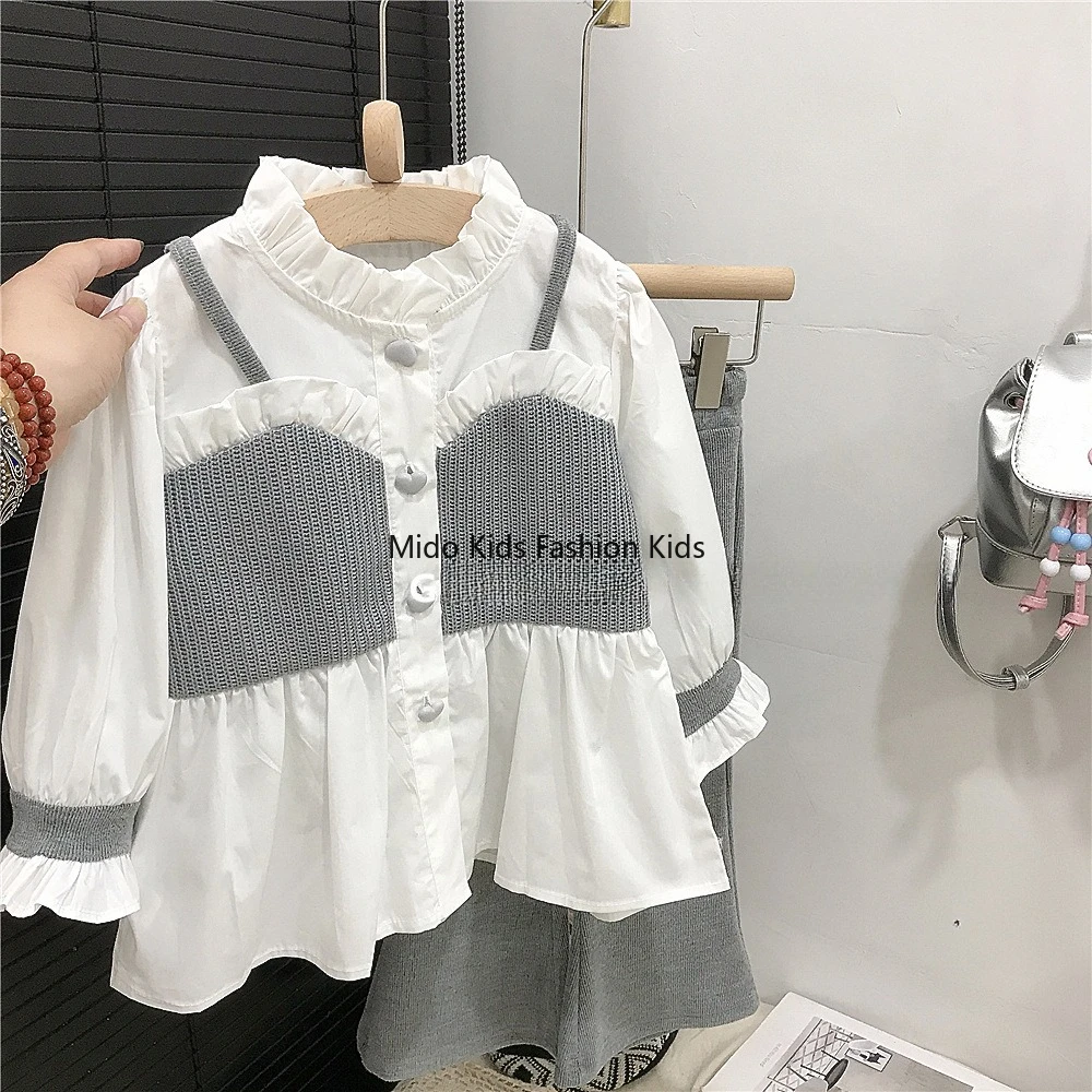 Kids Fake Two Piece Shirt Flare Pants Outfit Spring Autumn Girls Lace Blouse Korean Fashion Trendy Set 90-140cm