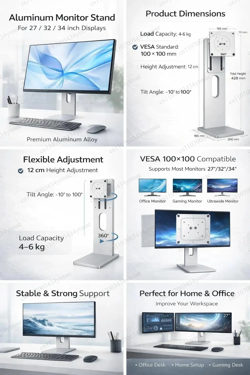 Adjustable Monitor Mount - Aluminum Monitor Stand VESA 100x100 Height