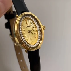 Women Quartz Watch Luxury Oval Shaped Reloj Vintage Diamond Clock Ladies New Orologio Gold Dial Black Leather Strap Wristwatch