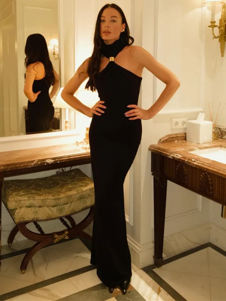 Gold Ring Turtleneck Maxi Tank Dress Women Summer New Slim Fit Female Dress Sleeveless Back Split Bodycon Long Dress