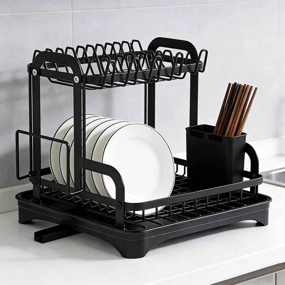 

New 2 Tier Dish Bowl Drainer Storage Rack Kitchen Dish Drying Rack with Drain Basket Countertop Dinnerware Organizer Drainboard