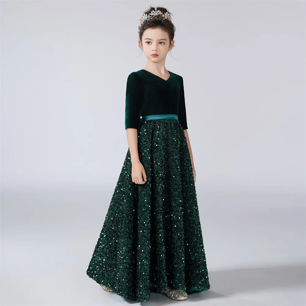 Robe à manches trois-quarts à col en V pour filles, robes de demoiselle d'honneur brillantes à paillettes, fête d'anniversaire pour enfants, robe de princesse formelle