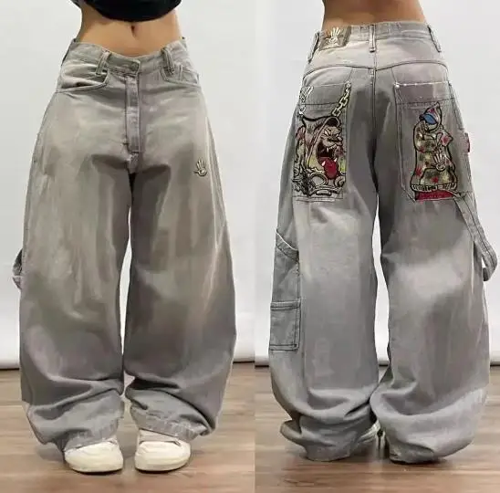 Y2K  Jeans New Harajuku Hip Hop Retro Skull Graphic Embroidered Baggy Jeans Denim Pants Men Women Goth High Waist Wide Trousers