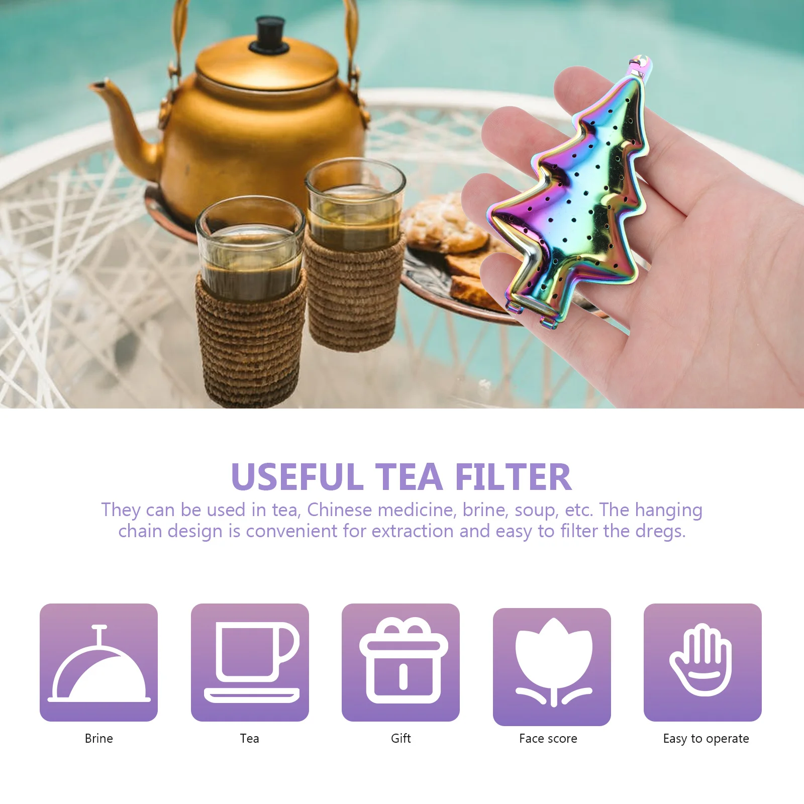 

6pcs Stainless Steel Tea Strainer Christmas Tree Design Hanging Chain Filter For Tea Chinese Medicine Soup Home Restaurant Use