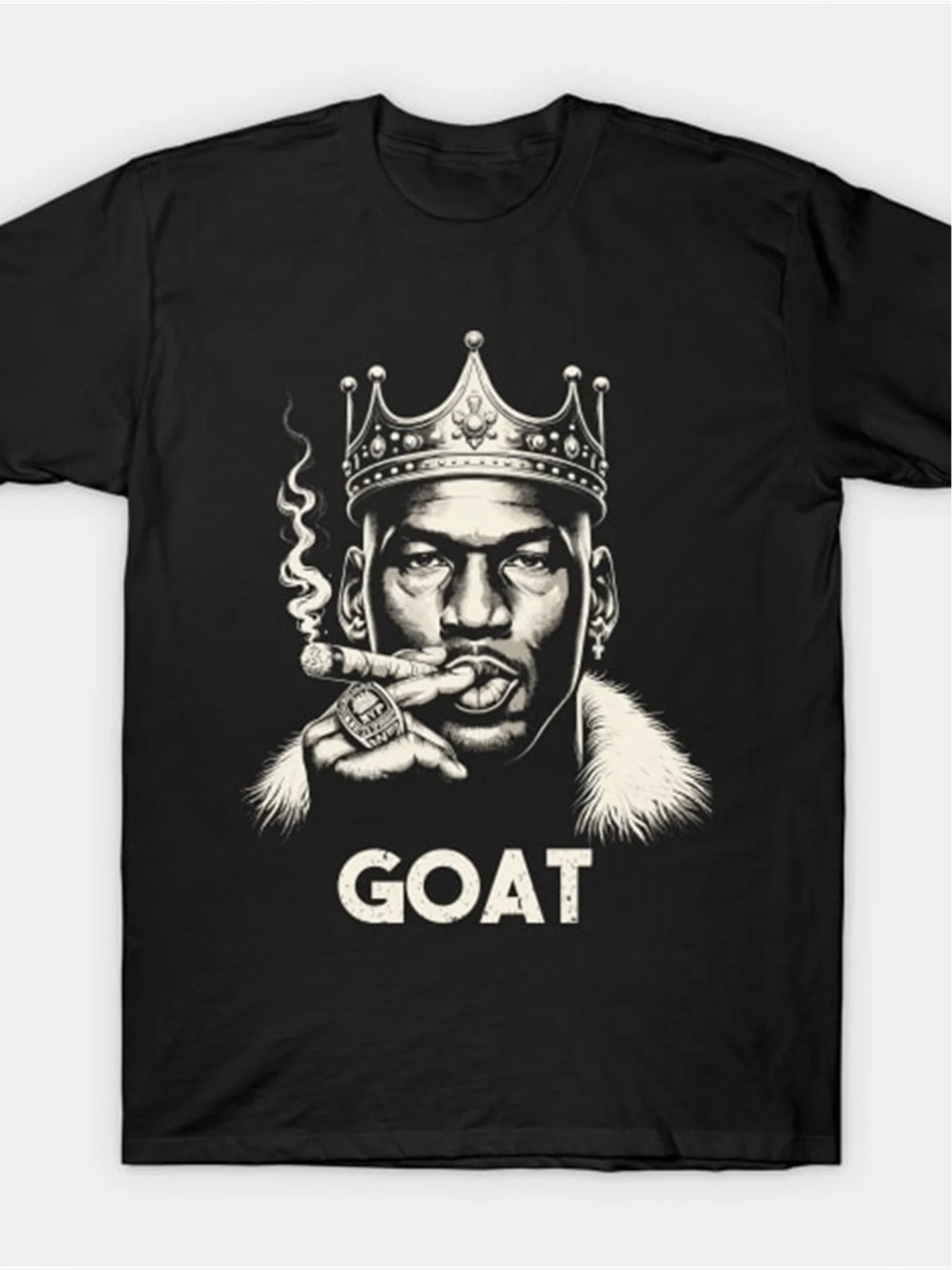 

Mens Vintage-Inspired Cotton T-Shirt Black Short Sleeve Round Neck Casual Top with Crown GOAT Graphic Print Machine Washable