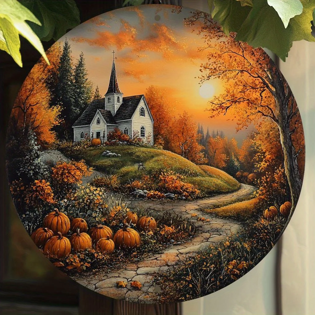Panneau rond Vintage en aluminium, 8x8 pouces, Art mural de paysage d'église et d'automne rustique, aucun pouvoir nécessaire, idéal pour la maison et le bureau, 1 pièce