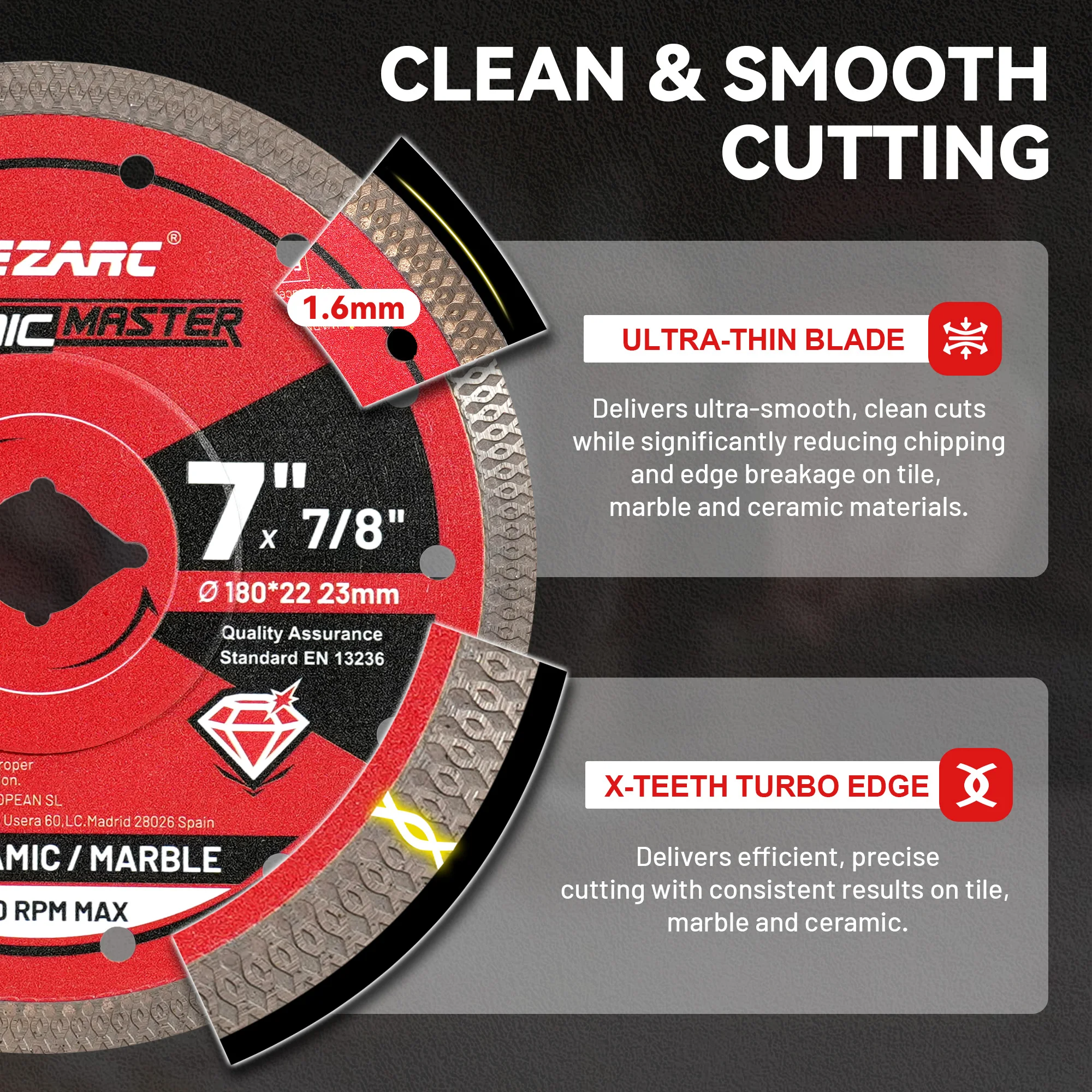 EZARC 180mm Diamond Cutting Disc 7‘’ Super Thin Saw Blade for Angle Grinder Porcelain Ceramic Granite Marble Tile 7/8