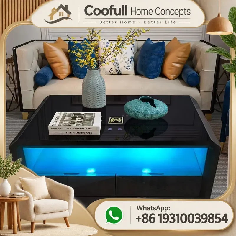 Smart Coffee Table Mirrored Glass Bluetooth Speaker RGB Ambient Light Modern Living Room Furniture Home Decor