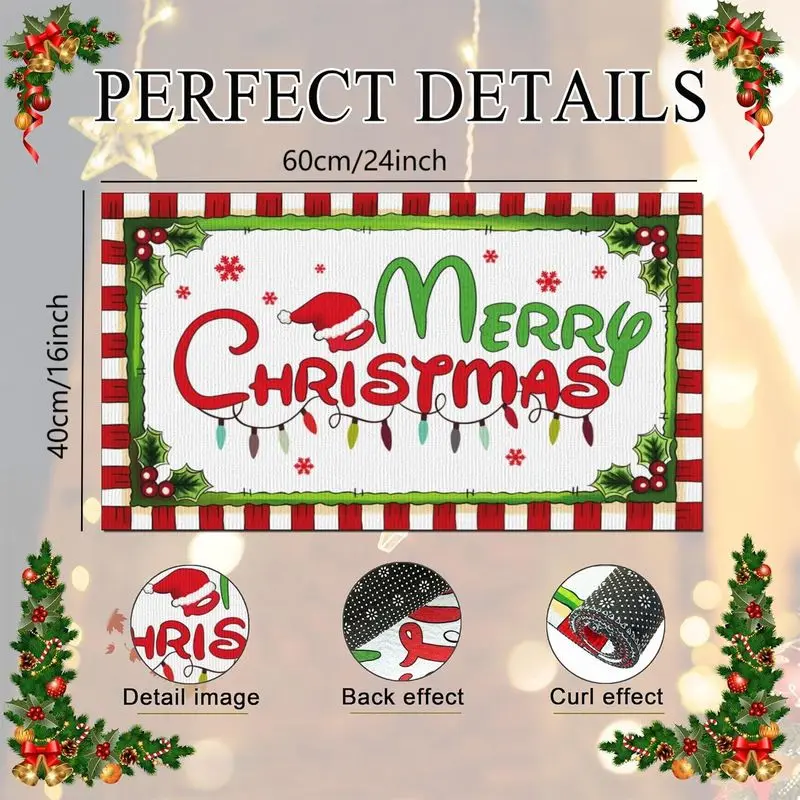 VIKAMA Merry Christmas Doormat Durable Lights Holly Berry Print Non Slip Mat For Front Door Porch Xmas Home Decor