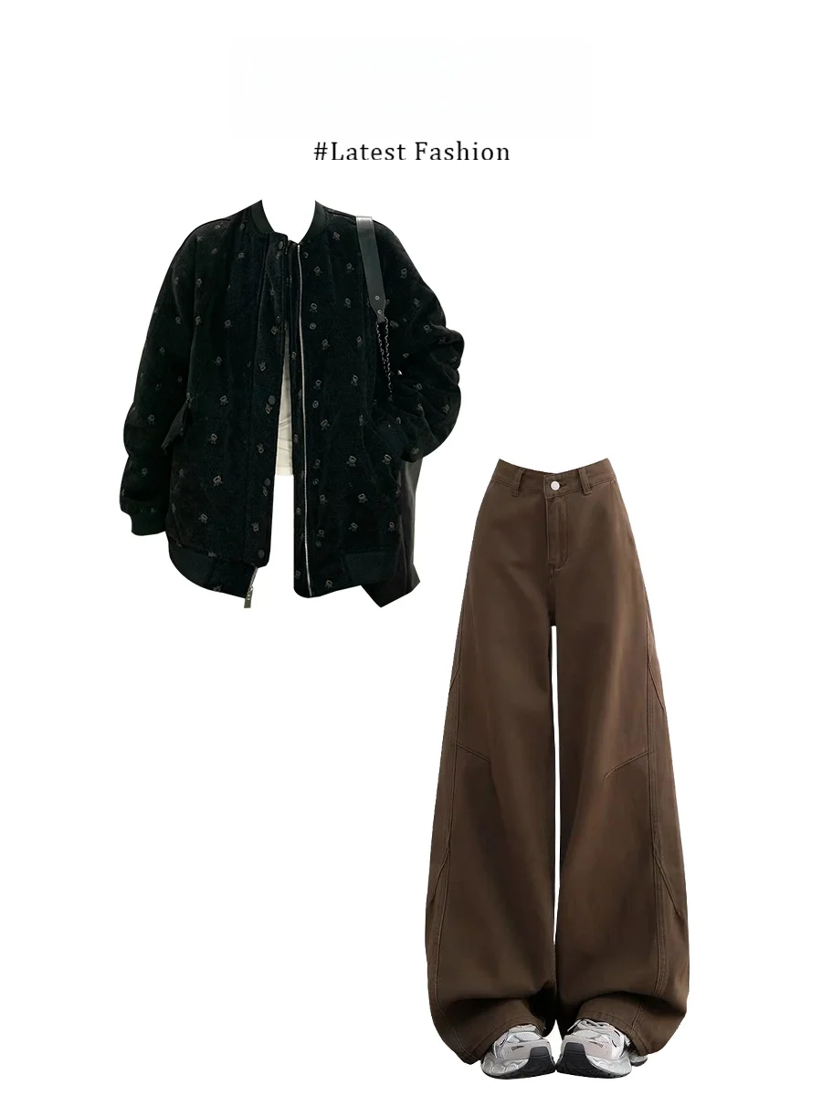 

Ретро-куртка из хлопка с черным принтом, джинсы с широкими штанинами в стиле Lazy Style, женское корейское пальто с длинными рукавами и капюшоном, прямые брюки-трубы