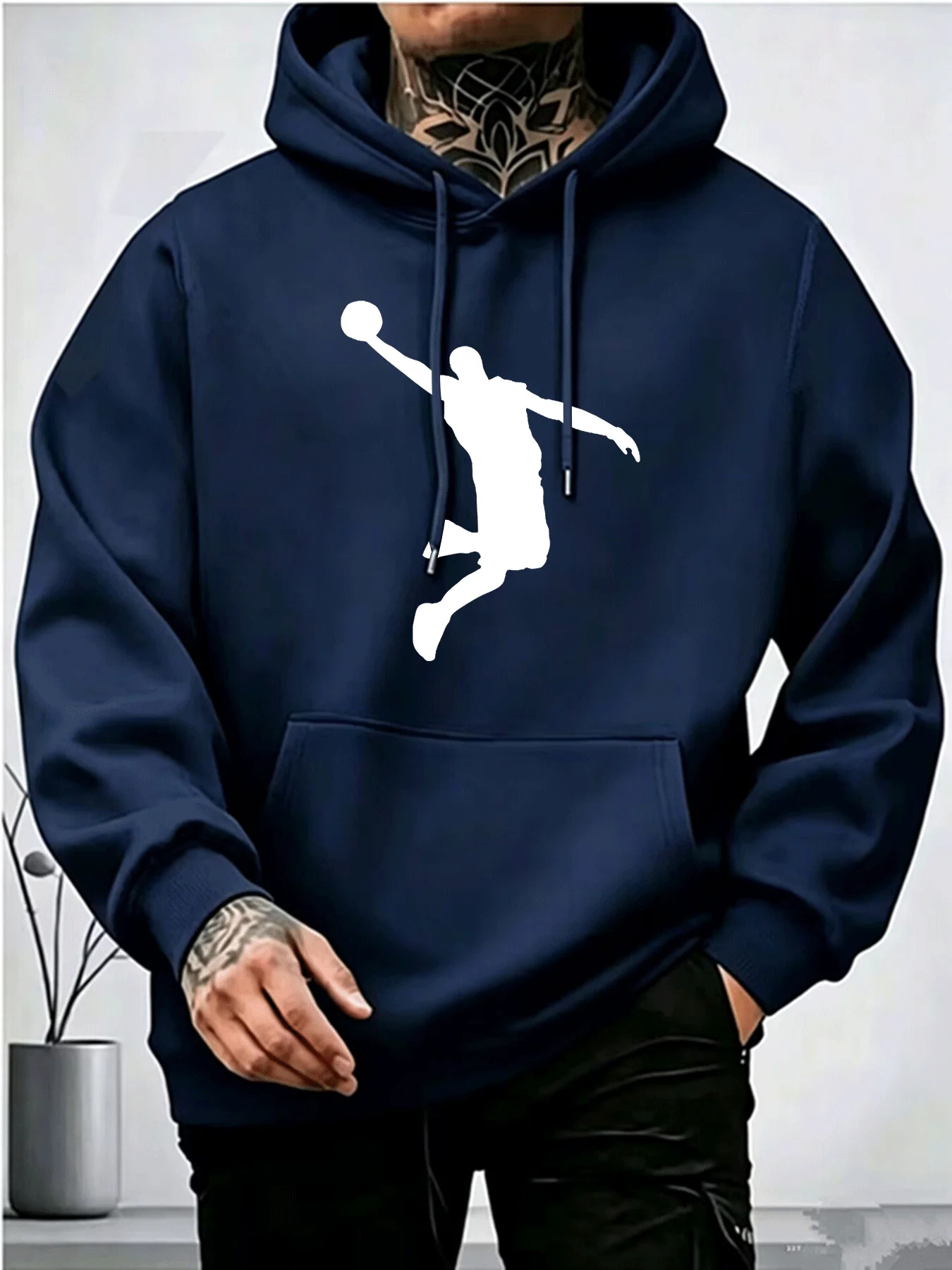 Men Basketball Dunk Silhouette Hoodie, Sport Graphic Pullover Hooded Sweatshirt Unisex Casual Streetwear