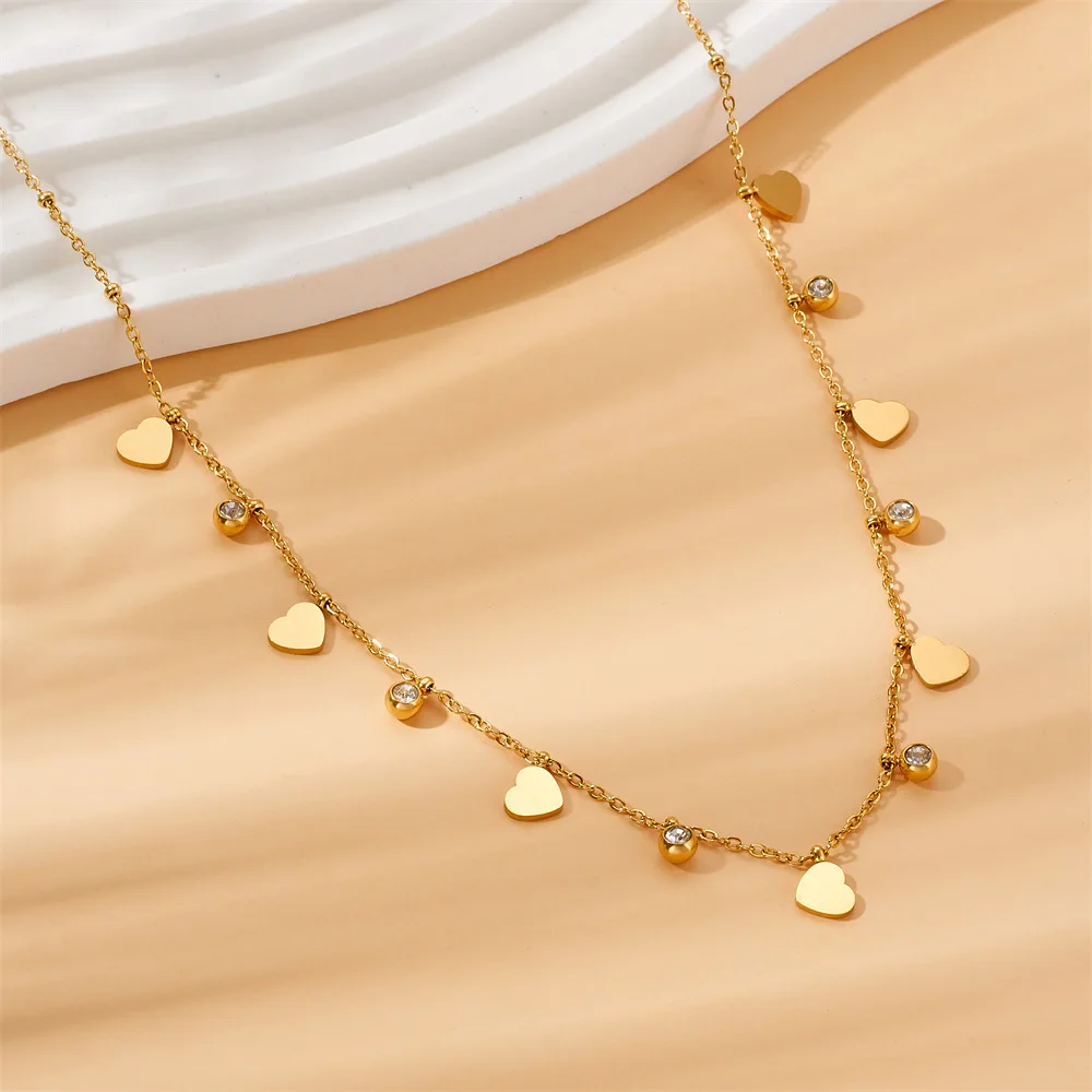 Kuziduocai 100% Stainless Steel 2025 New Fashion Jewelry Zircon Heart Shape Butterfly Charm Chain Choker Necklaces For Women