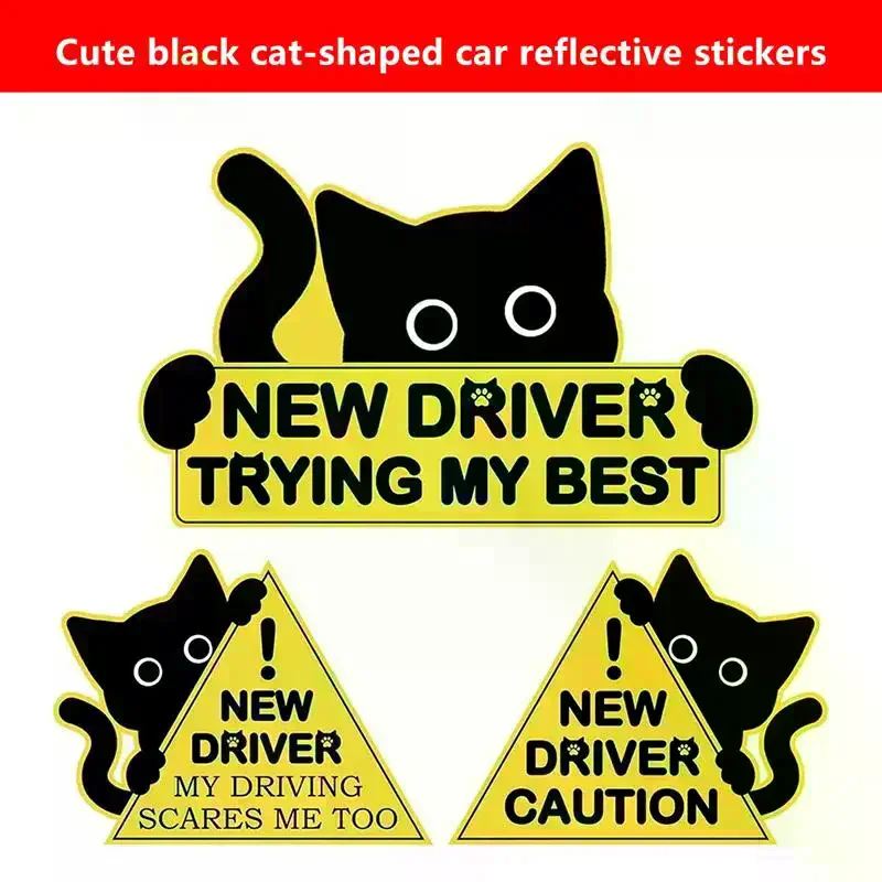 Black Cat Reflective Sticker For New Car Drivers, Please Be Patient, Car Decoration Sticker, Safe Driving.