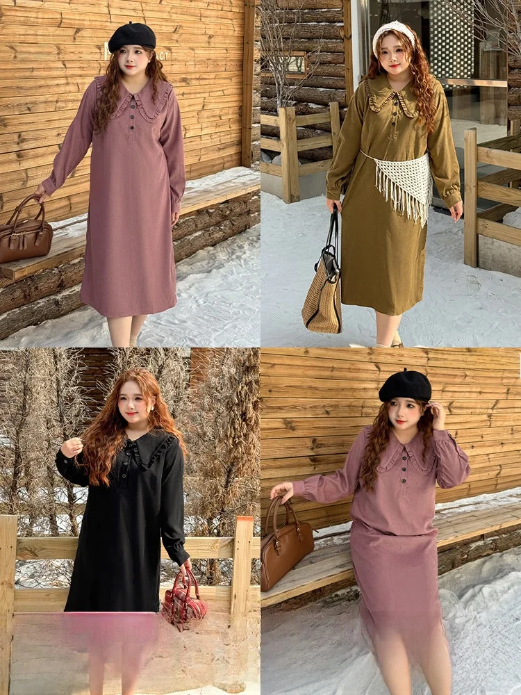 

Платье в студенческом стиле больших размеров с длинными рукавами, высокой талией, свободного кроя, из бархата, с воротником-стойкой, весенняя коллекция, женская одежда