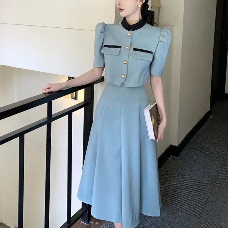 Two Piece Sets Womens Outifits Solid Puff Sleeve Blouses+solid Skirts Korean Fashion Ropa Mujer Summer Elegant Office Lad