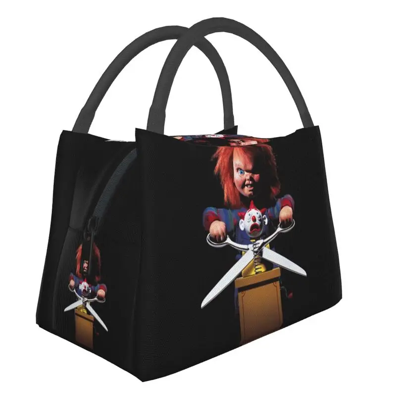 

Custom Horror Killer Chucky Lunch Bags Men Women Warm Cooler Insulated Lunch Box for Picnic Camping Work Travel Shoulder Bag