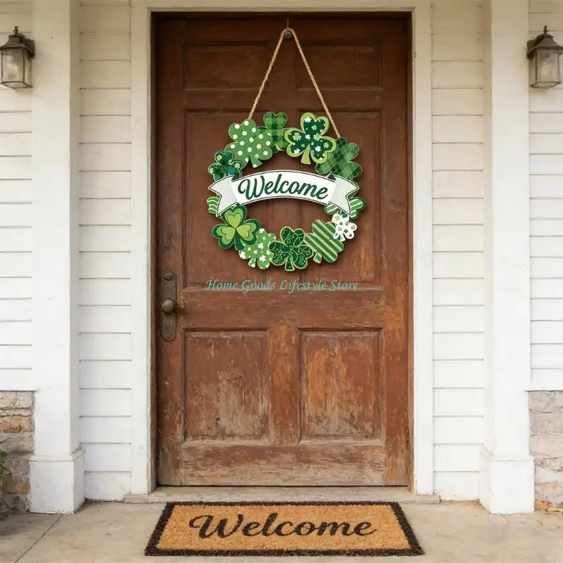 E74E Shamrock Wooden Door Wreath Wall Hanging Sign for Irish Festival Welcome Sign