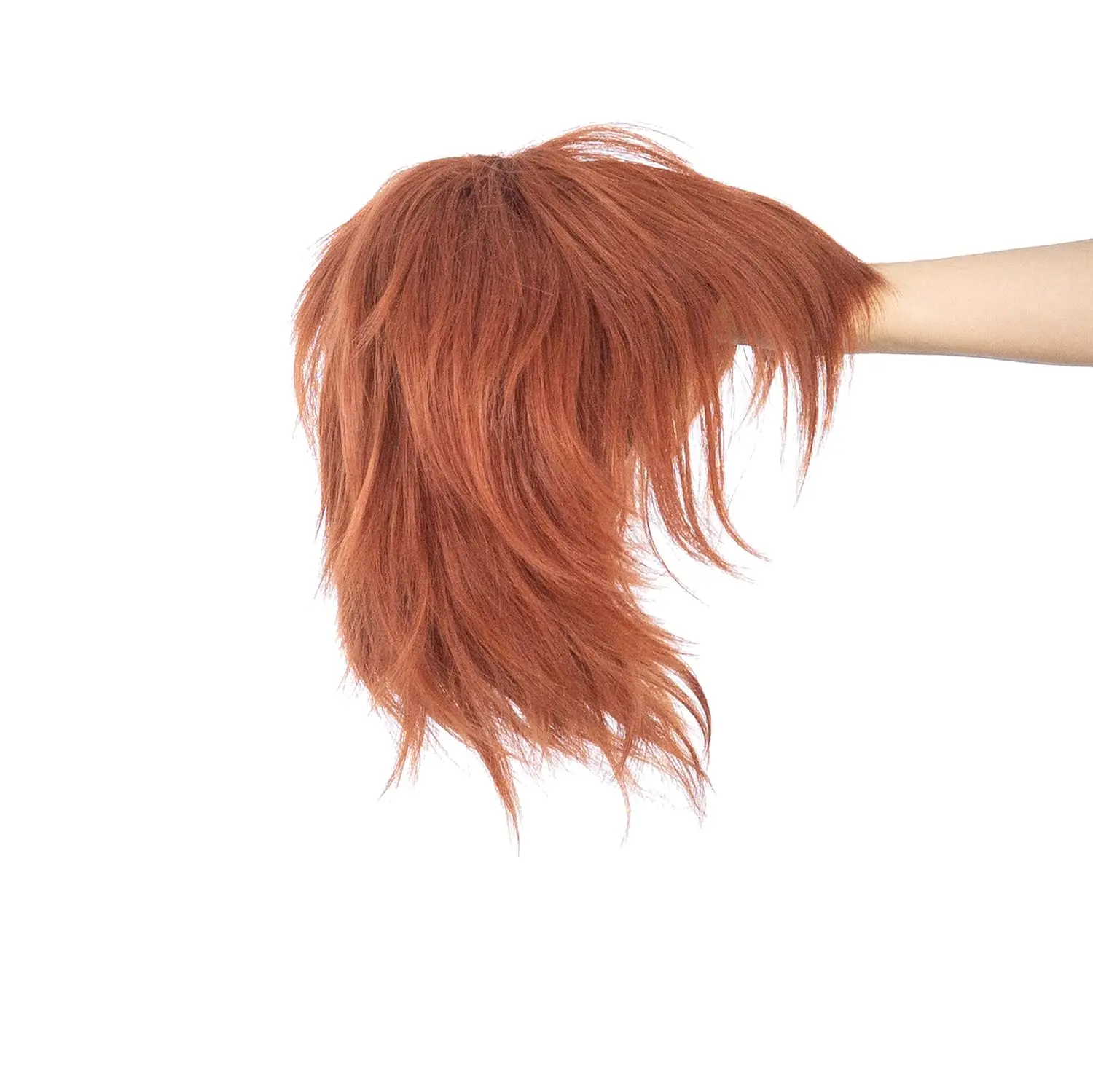 Perruque de cosplay anime courte à couches pointues à la mode unisexe pour hommes et femmes rouge cuivre foncé